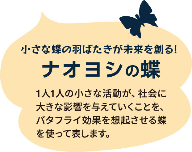 小さな蝶の羽ばたきが未来　ナオヨシの蝶　1人1人の小さな活動が、社会に大きな影響を与えていくことを、バタフライ効果を想起させる蝶を使って表します。